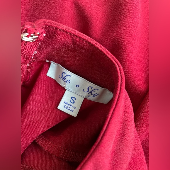 She + Sky Red Wine Dress Flair Ruffle Sleeves - Picture 5 of 7